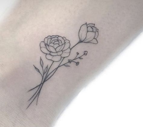 2 Peonies Tattoo, Peonies Small Tattoo, Ranunculus Fine Line Tattoo, Simple Peony Flower Tattoo, Peony Flower Line Art, Begonia Tattoo Black And White, Peony Birth Flower, Peony Tatoos Design, Tiny Peony Tattoo Simple