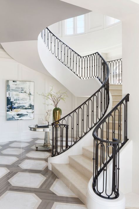 New Classic Stairs Design, Modern Classic Stairs Design, Transitional Style Staircase, Best Stairs Design, Classical Railing Design, Modern Classic Stairs, Staircase Design Luxury Classic, Staircase Design Classic, Classic Stairs Design