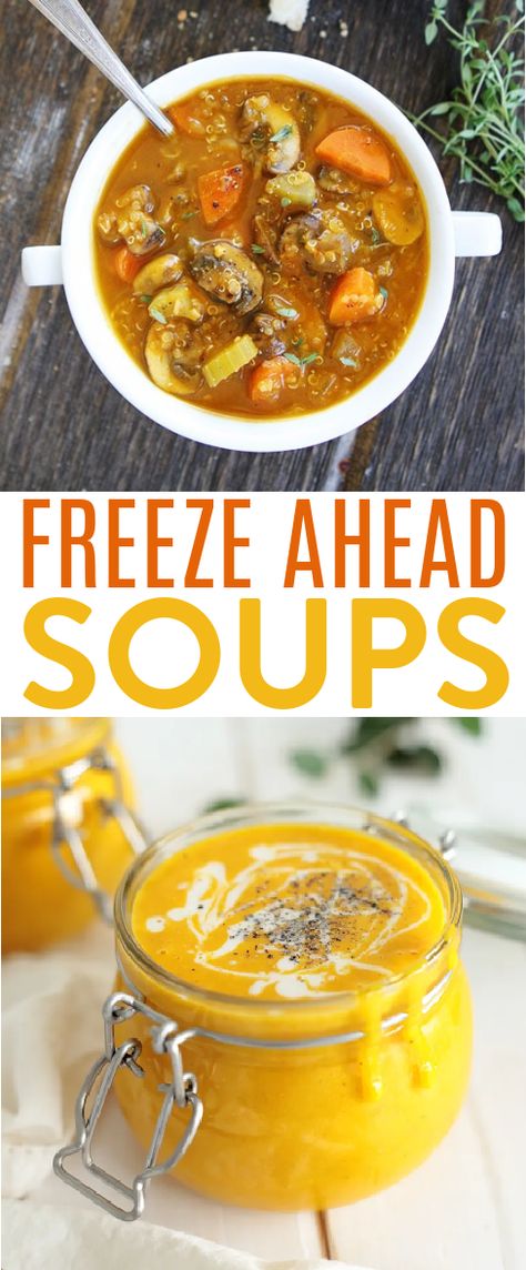 We love how hearty and filling soup is and it’s perfect for helping warm us up on a cold day. Not only that, but it’s packed with flavor. That’s why we rounded up these freeze ahead soups. You can use up leftover bits you’ve got in your fridge and freezer to put together a really delicious soup. And you can even make it ahead and freeze it so you always have homemade soup ready for you when those unexpected cold days crop up Soups To Make And Freeze, Make Ahead Soup Recipes, How To Freeze Soup Portions, Soup To Freeze Recipes, Soups You Can Make And Freeze, Soup Recipes That Freeze Well, Meal Prep Soups Freezer Cooking, Soups That Can Be Frozen, Soups For Freezing