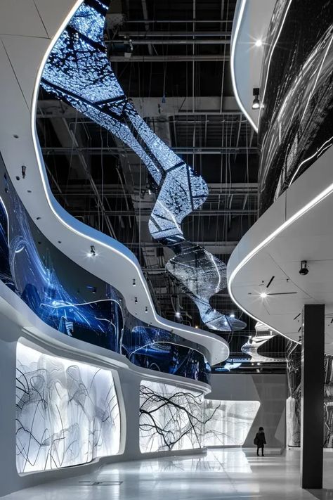 Full Color Image in ai-img-gen.com 🔸 The suspended ceiling in the lobby of an exhibition hall is made up of white metal trusses, with blu... 🔸 From Midjourney AI Image Futuristic Reception, Futuristic Hallway, Metal Trusses, Scifi Lab, Minimalist Hallway, Curved Ceiling, Installation Interactive, Futuristic Space, Landscape Architecture Drawing