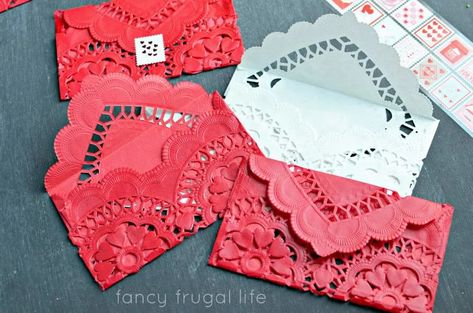 Make Valentine Cards, Paper Doily Crafts, Dollar Diy, Valentines Envelopes, February Activities, Dollar Tree Gifts, Heart Envelope, Doilies Crafts, Diy Xmas Gifts