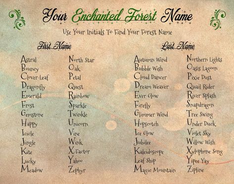 Enchanted Forest Name Generator #fantasy #enchantedforest #namegenerator Funny Name Generator, Summer Daycare, Name Maker, Birthday Scenario, Fairy Names, Silly Names, Fantasy Names, Name Games, Funny Names