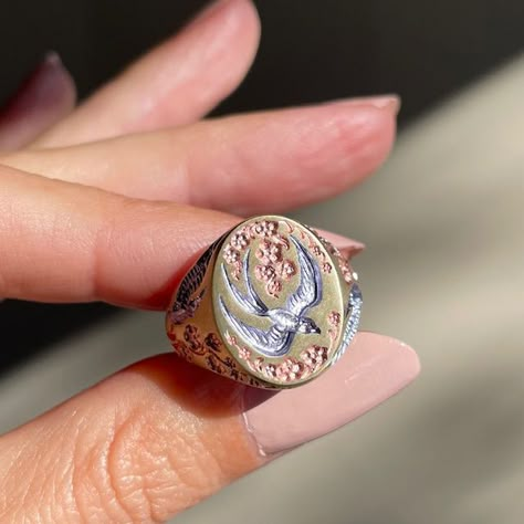 9k Swallow & Hummingbird Ring with Pearlescent Pink & Tungsten Purple Plating by Castro Smith #castrosmith #futureheirlooms #augustla Signet Ring Aesthetic, Castro Smith, Dry Clay Earrings, Air Dry Clay Earrings, Hummingbird Ring, Family Rings, Fancy Jewellery, Funky Jewelry, Jewelry Lookbook