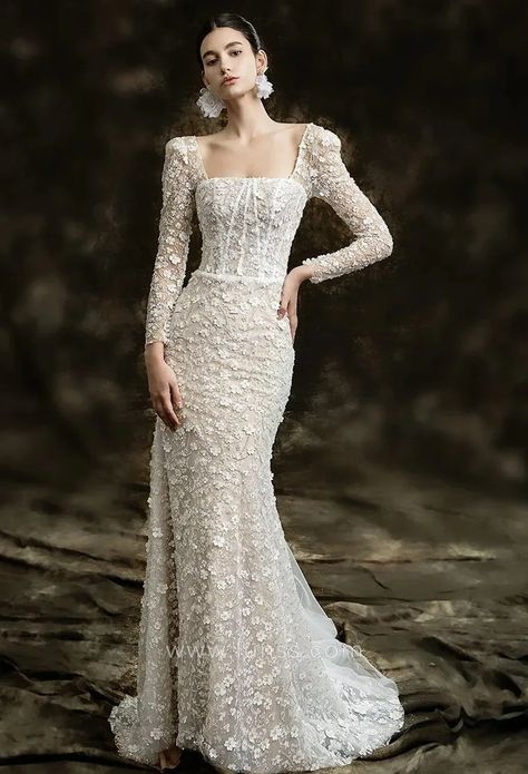 beaded floral lace long sleeve fishtail bridal dress New Bridal Dresses, Sky Dress, Long Sleeve Wedding Gowns, Light Wedding, Wedding Dresses With Flowers, Custom Wedding Dress, Luxury Wedding Dress, Best Designers, 3d Flowers