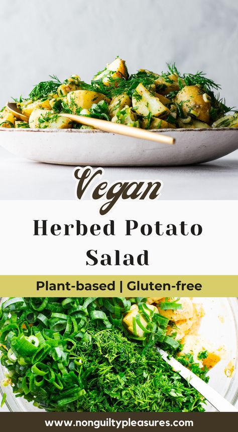 This mayo-free herbed potato salad is packed with fresh herbs, tender potatoes, and dressed in a zesty vinaigrette. It's the perfect vegan side dish for your next BBQ or picnic. Healthy, gluten-free, plant-based, and super delicious, this easy recipe is a fresh twist on a classic favourite, making it a hit for everyone at the table. Enjoy a burst of citrusy flavour in every bite of this naturally vegan side dish. Vegan Bbq Side Dishes, Potato Salad Easy, Vegan Cookout, Potato Salad No Mayo, Herbed Potato Salad, Vegan Potato Salad, Homemade Potato Salads, Vegan Potato Salads, Classic Potato Salad