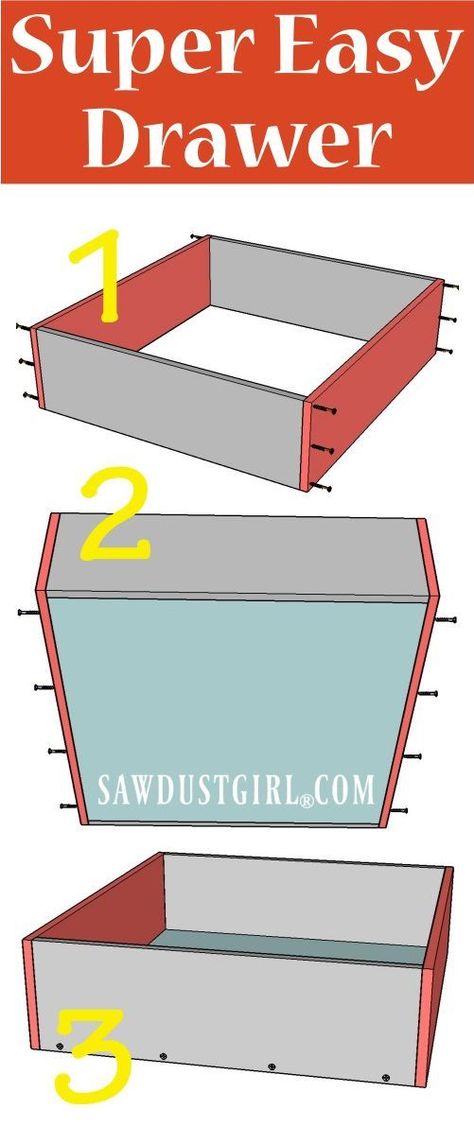 Easiest way to build a cabinet drawer. No fancy tools needed. Building Drawers, Sawdust Girl, Building Kitchen Cabinets, Bathroom Cabinet Organization, Diy Drawers, Busy Bees, Wood Kitchen Cabinets, Diy Kitchen Cabinets, Diy Cabinets