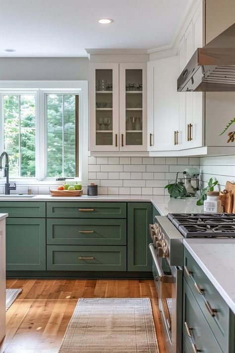 23 Green Kitchen Ideas That Will Make You Swoon Dark Green Lower Kitchen Cabinets, Green Bottom Kitchen Cabinets, Green Lower Kitchen Cabinets, Green Cottage Kitchen, Mid Century Kitchen Cabinets, Bright Kitchen Colors, Cozy Craftsman, Blue Green Kitchen, Green Kitchen Ideas