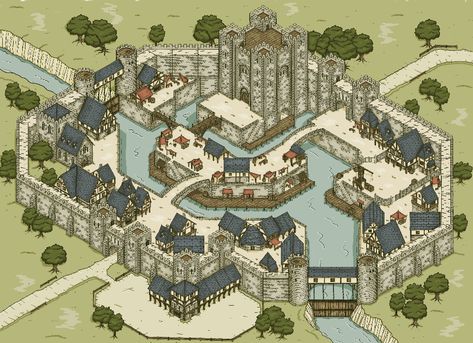 Medieval Castle Layout, Castle Layout, Fantasy City Map, Isometric Map, River Side, Building Map, Fantasy Town, Minecraft Castle, Map Icons