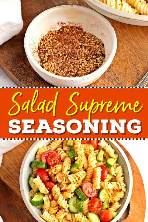 This copycat recipe for McCormick's salad supreme seasoning is too good! Made with the perfect blend of spices, it'll jazz up any dish. Copycat Spice Recipes, Homemade Salad Supreme Seasoning, Diy Salad Supreme Seasoning, Mccormick Salad Supreme, Mccormick Salad Supreme Seasoning Recipe, Salad Seasoning Blend, Mccormick Salad Supreme Pasta Salad, Salad Supreme Seasoning Recipe, Salad Supreme Pasta Salad