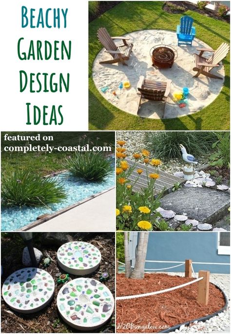 Create a sea inspired backyard oasis with these garden design and landscaping ideas. Beach Rock Garden Ideas, Beachy Backyard Landscaping, Beach Theme Garden Ideas, Beach Theme Landscape Ideas, Beachy Landscaping Ideas, Beachy Backyard Ideas, Beach Yard Ideas, Beach Themed Backyard Ideas, Beach Landscaping Ideas