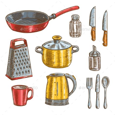 Kitchen and cooking utensils sketches of knife, spoon, fork, pot, frying pan, cup, grater, electric kettle, glass salt shaker and Cooking Utensils Drawing, Kitchen Utensils Drawing, Utensils Drawing, Kitchen Drawing, Stainless Steel Kitchen Utensils, Silicone Kitchen Utensils, Kitchen Cooking Utensils, Cooking Utensil, Cooking Utensils Set