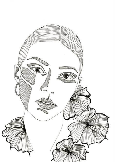 Black and white fine line drawing of a woman and flowers, monochrome girl illustration, flowers, prints, home decor, gufts Women Face Drawing, Drawing Hatching, Fine Line Illustration, Woman And Flowers, Line Art Lesson, Fine Line Drawing, Drawing Of A Woman, Line Portrait, Flowers Prints