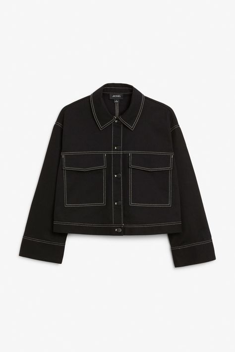 Front image of Monki cropped contrast stitch jacket in black Stitch Jacket, Parachute Jacket, Waiting For U, Looks Pinterest, Short Trench Coat, Stylish Coat, Fashion Design Clothes, Teen Fashion Outfits, Contrast Stitch