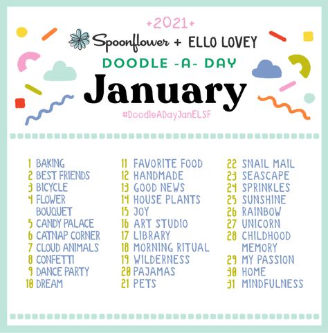 Join the Doodle-A-Day Challenge | Spoonflower Blog Daily Doodle Prompts, Sticker Prompts, Doodle Prompts, Draw Challenge, Sketchbook Prompts, Day Art Challenge, January Art, Doodle A Day, Art Journal Challenge