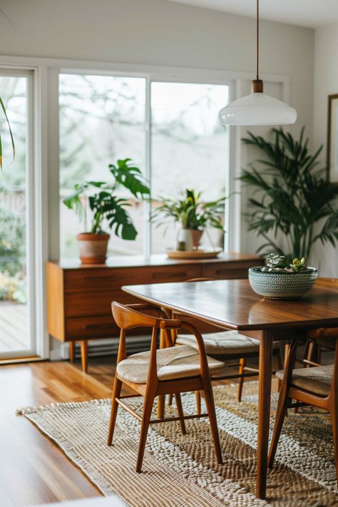 Minimal Dining Room Ideas, Diy Mid Century Modern Table, Dining Chairs Mid Century Modern, Mid Century Wooden Furniture, Mid Century Eclectic Dining Room, Dinning Room Ideas Mid Century Modern, Mid Century Modern And Farmhouse, Mid Century Modern Dining Room Rug, Mid Century Modern Table Decor