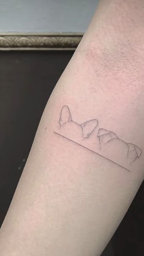 Dog Cat Line Tattoo, Simple Line Dog Tattoo, Linear Dog Tattoo, Cat And Dog Ears Tattoo, Dog Ear Outline Tattoo Placement, Fine Line Dog Ear Tattoo, Dog Tattoo Placement, Dog Ear Tattoo Placement, Dog Minimalist Tattoo