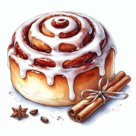 Dessert Drawing Realistic, Cinnamon Rolls Drawing, Cooking Art Drawing, Christmas Food Drawing, Cinnamon Roll Drawing, Pastry Painting, Dessert Drawings, Sweets Drawing, Food Art Drawing