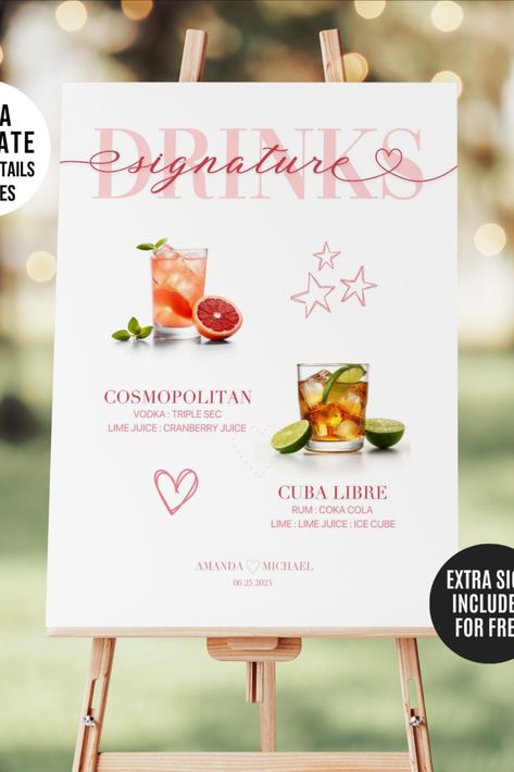 This signature drinks sign template includes a list with 230 popular wedding cocktails with ingredients and measurements. It also includes over 300 high resolution images ready for printing. Vodka Cranberry Cocktail, Drink Wedding, Wedding Bar Menu Template, Menu Signs, Menu Drink, Signature Wedding Drinks Sign, Wedding Drink Menu, Signature Drink Sign, Signature Cocktail Sign