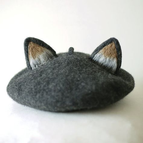 Dark Grey Cat Ears Beret (Women / Girl /Boy )| Handmade Needle Felt French Beret  Cute wool BERETS in French style Cat Ear Beret, Kawaii Hat, Felt Beret, Wolf Ears, Painter Hat, Fox Decor, French Beret, Fox Ears, Berets Cap