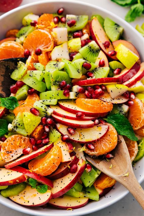 Winter Fruit Salad Good Healthy Salads Recipes, Salad For Entertaining, Thanks Giving Fruit Salad, Fruit For Potluck, Spinach Salad With Fruit, Fruit Salad Winter Holidays, Winter Fruit Salad With Lemon Poppy Seed, Fruit Salad Bowls Ideas, Elevated Fruit Salad