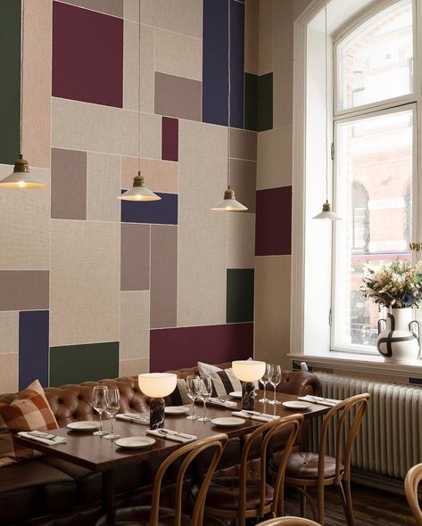 Bold Grid wall mural may be just what you need for your next restaurant project - or any hospitality space needing an interior design upgrade! We would love to help assist you, book a meeting with our experts via link in bio! Colorful Tiles, Grid Wall, Modern Wallpaper Designs, Patterned Wall, Wallpaper Interior Design, Interior Wallpaper, Colourful Tile, Geometric Tiles, Contemporary Wallpaper