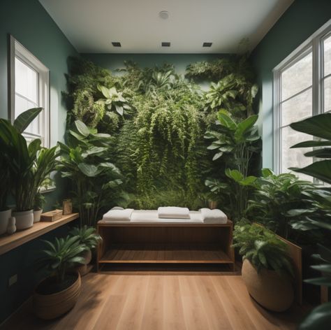 Jungle Esthetician Room, Nature Esthetician Room, Green Spa Aesthetic, Green Spa Room, Esthetician Room Green, Zen Massage Room Ideas, Spa Vibes Aesthetic, Boho Massage Room, Massage Room Interior Design