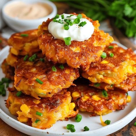 Delicious and easy corn fritters made with fresh corn kernels. Perfect for any meal, ready in under 30 minutes. Corn Fritters Recipe Air Fryer, Fresh Corn Fritters, Recipes With Fresh Corn, Recipes With Corn, Cheesy Corn Fritters, Baby Corn Recipe, Corn Ideas, Corn Patties, Corn Fritters Recipe