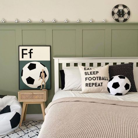 My fabulous football print. Perfect for kids rooms, nurseries or playrooms. Football Theme Bedroom, Boys Soccer Bedroom, Boys Football Bedroom, Older Boys Bedrooms, Soccer Themed Bedroom, Soccer Bedroom, Soccer Room, Football Rooms, Football Bedroom