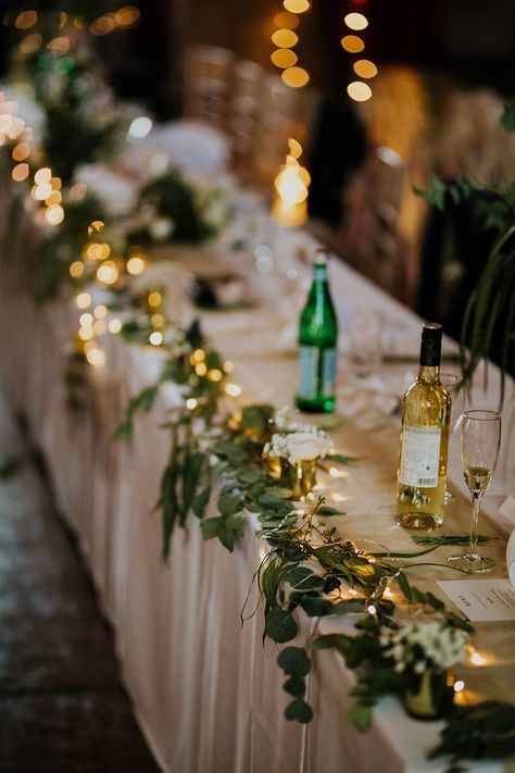 Table Runner Garland Swag Greenery Fairy Lights Scandi Foliage Wedding Ross Alexander Photography #Flowers #Greenery #Foliage #wedding #runner #garland #gold #fairylights #candles #tables Table Fairy Lights, Wedding Table Lighting, Fairy Lights Wedding, Wedding Runner, Wedding Reception Planning, Table Garland, Lights Wedding, Foliage Wedding, Bridal Table