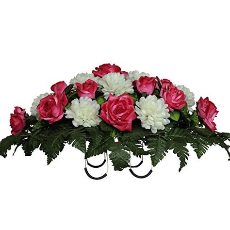 Fake Flower Arrangements Diy, Diy Headstone, Grave Saddles, Headstones Decorations, White Mums, Grave Flowers, Cemetery Decorations, Grave Decorations, Memorial Flowers