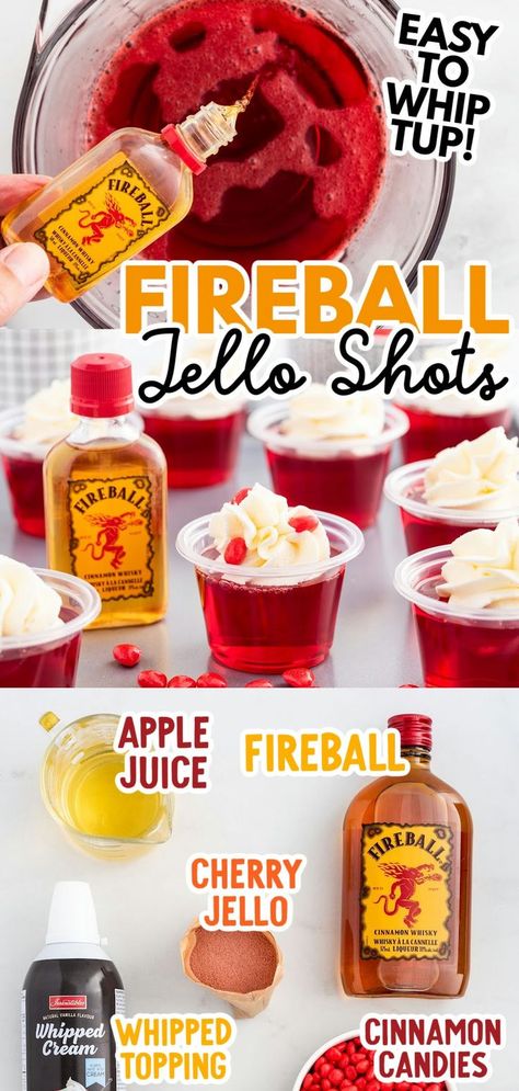 Fireball Jello Shots Fireball Jello Shots Recipe, Fireball Jello Shots, Cherry Jello Shots, Fireball Recipes, Shots Alcohol Recipes, Jello Shooters, Jello Shots Recipe, Easy Party Drinks, Cinnamon Whiskey