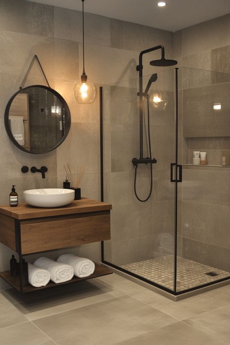 Transform your space with these modern bathroom ideas! Featuring sleek fixtures, a glass shower, and warm wood accents, this look offers both style and functionality. Perfect for creating a serene and modern retreat. #BathroomDesign #ModernHome #InteriorDecor Black Bathroom Aesthetic Modern, Small Masculine Bathrooms, Modern Farmhouse Ensuite, Wood And Beige Bathroom, Neutral And Black Bathroom, Country Small Bathroom, Masculine Small Bathroom, Black And Wood Bathroom Ideas, Standing Shower Ideas