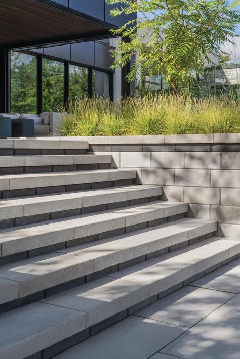 If you’re looking to freshen up the look of your patio, garden, or front entrance, stone steps could be an easy way to update your space. Check out these 7 ways to incorporate stone steps in your next landscaping project! Front Steps Ideas Stone, Wide Concrete Steps, Exterior Steps Design, Concrete Steps Front Yard, Natural Stone Steps Front Door, Stairs Outside Outdoor Steps, Entry Steps Outdoor, Steps Design Outdoor, Outside Steps Ideas