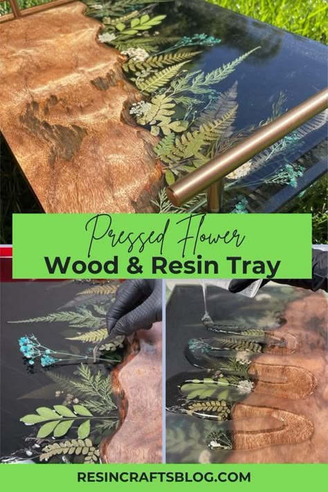 Resin Wood Art Diy, Resin Wood Trays Diy, How To Make Resin Table, Epoxy Tray With Flowers, Using Resin On Wood, Epoxy Resin Crafts Dried Flowers, Wood Epoxy Furniture, Epoxy Tray Resin Crafts, Resin Rock Art