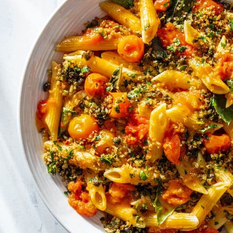 Pasta with Burst Cherry Tomato Sauce and Fried Caper Crumbs | America's Test Kitchen Burst Cherry Tomato Sauce, Italian Sweets, Capers Recipe, Donut Toppings, Cherry Tomato Sauce, Cherry Tomato Pasta, Cookie Toppings, Fresh Tomato Sauce, America's Test Kitchen Recipes