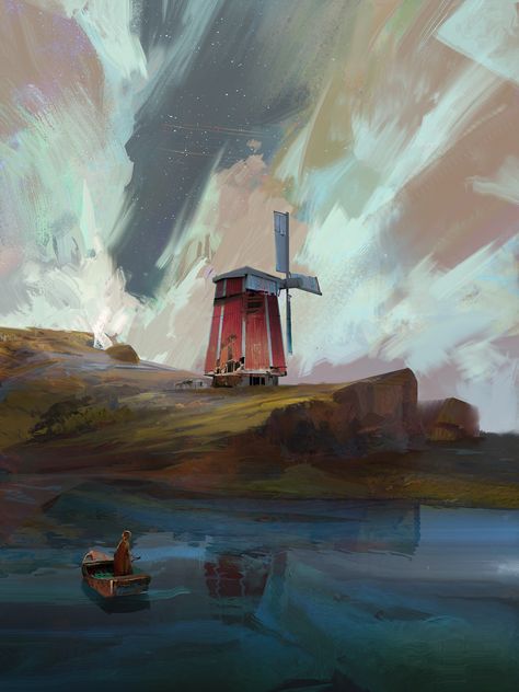 ArtStation - windmill, Ramazan Kazaliev Environment Painting, Illustration Kunst, 동화 삽화, A Sky, Arte Inspo, Glitch Art, Iron Wall Art, Landscape Illustration, 판타지 아트