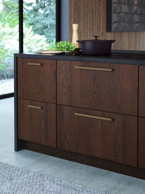 Small Modern Kitchen Ideas, Dream Kitchen Island, Kitchen Color Combos, Modern Walnut Kitchen, Walnut Kitchen Island, Ikea Kitchen Inspiration, Dark Brown Kitchen, Walnut Kitchen Cabinets, Espresso Kitchen Cabinets