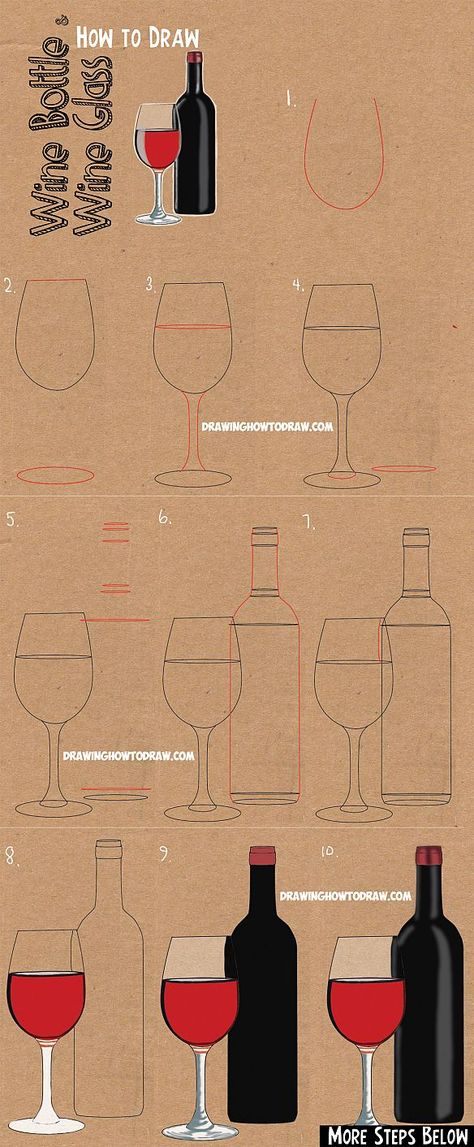 How to Draw a Bottle of Wine and Glass of Wine : Easy Step by Step Drawing Lesson How To Draw A Bottle Of Wine, How To Draw A Glass Of Wine, Wine Drawing Easy, Wine Bottle Line Drawing, Wine Painting Canvas Easy, Wine Drawing Sketches, Bottle Of Wine Drawing, Glass Of Wine Drawing, Bottle Sketch