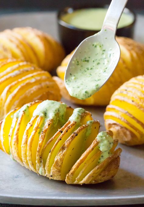 Crispy Hasselback Potatoes with Jalapeno Cilantro Sauce Dinner Ideas With Sides, Ideas With Steak, Jalapeno Cilantro Sauce, Steak Dinner Side Dishes, Cilantro Sauce Recipe, Steak Dinner Ideas, Steak Dinner Sides, Steak Side Dishes, New Years Eve Food