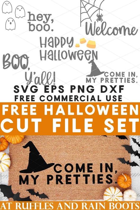 5 Free Halloween Doormat SVG Bundle | Use these free Halloween doormat SVG files to create some fun and festive entry crafts. Make a simple, scary, or sweet front door mat in an easy afternoon craft session. | Follow RufflesAndRainBoots.com to see more Halloween cut files! Doormat Svg Free, Halloween Doormat Svg, Free Halloween Svg Files For Cricut, Halloween Door Mat Diy, Diy Halloween Doormat, Halloween Svgs Free, Halloween Cricut Projects, Free Halloween Svg, Stenciled Doors