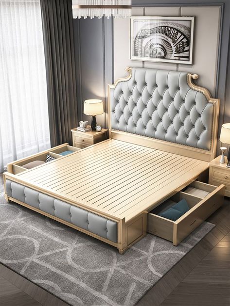 This storage bed has drawers on the side, solid wood bed frame, firm and no abnormal noise, and the headboard is designed with pull points, which is more advanced Bedroom Sets Furniture Queen, Bed Furniture Set, Wooden King Size Bed, Bed Designs With Storage, King Style, Single Bed Mattress, Wooden Bed Design, King Bedroom Sets, Wood Bed Frame