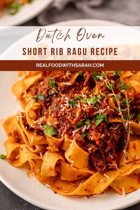 Get ready to impress with this Short Rib Ragu. It's made with beef short ribs that are pan-seared and then simmered in a rich and savory tomato sauce until they are tender enough to fall off the bone. Serve over fresh pappardelle and enjoy every bite of this unbelievably delicious meat sauce. Braised Short Rib Tagliatelle Pasta, Braised Short Rib Ragu, Beef Chuck Short Ribs, Short Rib Ragu, Braised Short Ribs Recipe, Rib Sauce, Beef Short Rib Recipes, Ragu Recipe, Short Ribs Recipe