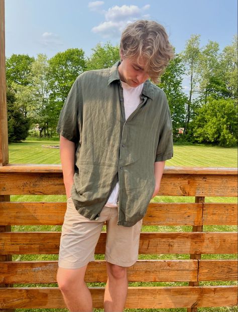 Mens Summer Outfits Button Down, Guy Outfit Inspo Summer, Mountain Outfit Summer Men, Summer Date Fits Men, Mens Open Button Up Outfit, Spring Fits Aesthetic Men, Nerdy Man Outfit, Picnic Outfit For Guys, Cute Mens Outfits Summer