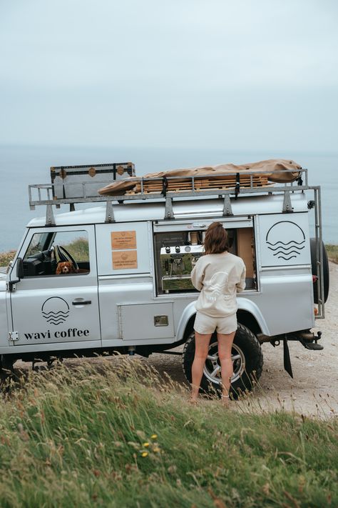 Wavi Coffee Converted Coffee Van from Landrover Defender 110 for Events in Devon and Cornwall, UK Coffee Van Conversion, Coffee Van Ideas, Van Coffee Shop, Coffee Shop Truck, Mobile Coffee Truck, Cycling Cafe, Coffee Shack, Coffee Camper, Cafe Van