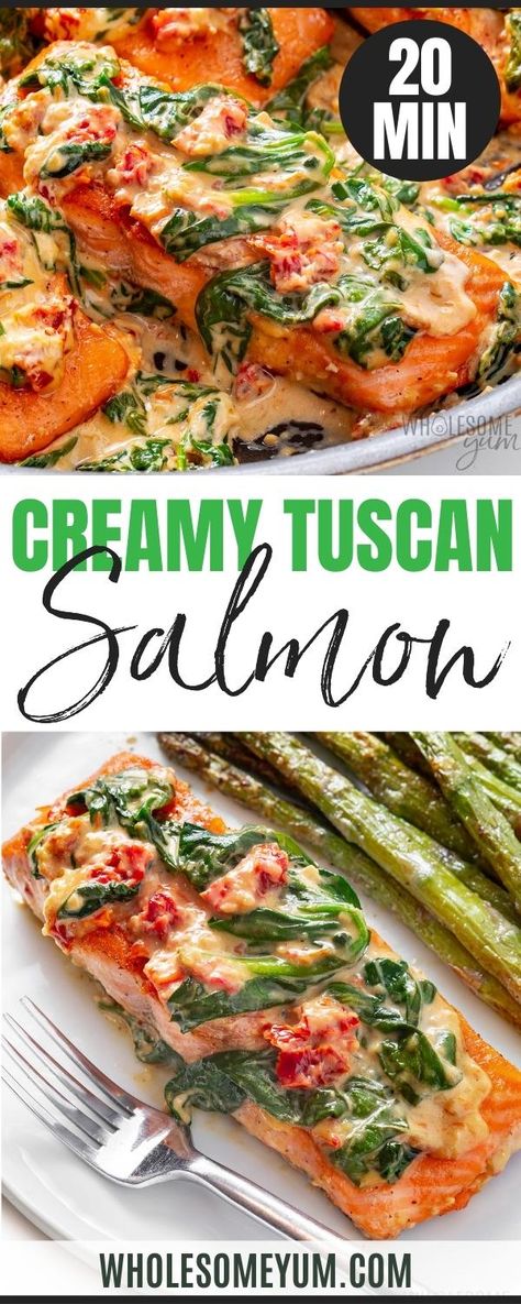 My creamy Tuscan salmon recipe has a rich parmesan cream sauce, sun-dried tomatoes, and fresh spinach, all in just 20 minutes. It makes a quick and easy dinner idea that feels special but isn't much effort at all. It's perfect for weeknight dinners, but also holidays like Christmas or your next date night. Summer Salmon Recipe, Creamy Tuscan Salmon, Tuscan Salmon Recipe, Salmon Dinner Recipes, Tuscan Salmon, Salmon Meal Prep, Low Carb Salmon, Wholesome Yum, Salmon Dinner