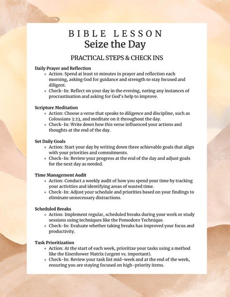 Unlock the power of intentional living with the "Seize the Day Bible Study Journal." This study guide is designed to help believers cultivate a deeper relationship with God and live purposefully in every moment without giving in to distractions and procrastination! The study explores key biblical principles and encourages practical application in daily life, promoting spiritual growth and a proactive mindset. Each session includes engaging lessons and thought-provoking questions making it perfect for both individual study and group discussions. Whether you're a seasoned believer or new to faith, "Seize the Day" offers fresh perspectives and actionable steps to help you make the most of each day. Features: Exploration of biblical themes Practical applications for daily living Actionable ste 21 Days With God, Bible Study Lessons Free Printable, How To Be A Better Christian, Bible Hacks, Bible Study Guide For Beginners, Ways To Study The Bible, Studying Bible, Biblical Themes, Bible Themes