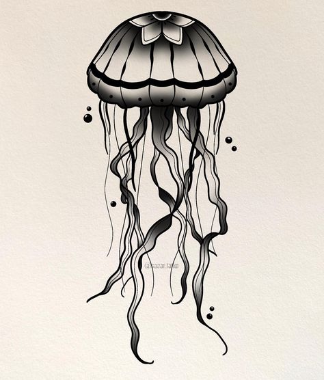 Traditional inspired jellyfish🪼🖤 #manchestertattoo #tattoo #manchester #tattoos #uktattoo #blackwork #tattooart #tattooapprentice #uktta #tattooflash #ink #blackworktattoo #tattooideas #colourtattoo #mcrtattoo #manchestertattoos #realismtattoo #blackworkers Trad Jellyfish Tattoo, Jellyfish American Traditional Tattoo, Traditional Jellyfish Tattoo, Traditional Style Tattoo, Jellyfish Tattoo, Female Drawing, Black Work, American Traditional Tattoo, Design Drawings