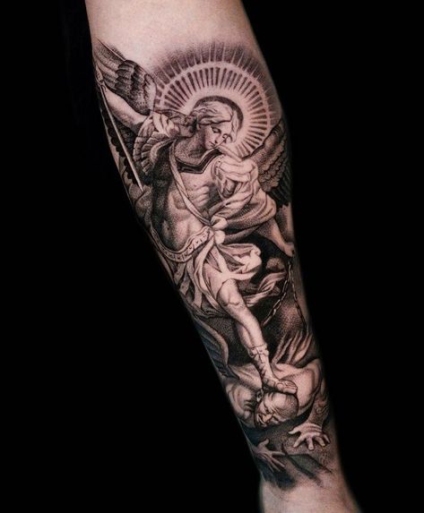 Angle Tattoo For Men, St Michael Tattoo, Outer Forearm Tattoo, Archangel Tattoo, Inner Bicep Tattoo, Inner Forearm Tattoo, St Michael The Archangel, Men Tattoos Arm Sleeve, Forarm Tattoos