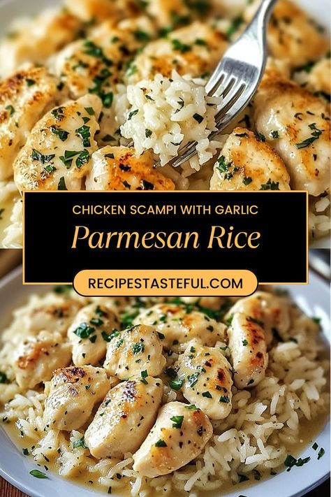 This Chicken Scampi with Garlic Parmesan Rice is a delightful dish that combines tender chicken pieces sautéed in a zesty garlic sauce served over creamy, cheesy rice. Perfect for a weeknight dinner or special occasions! Creamy Cheesy Rice, Easy Chicken Scampi, Garlic Parmesan Rice, Chicken Scampi Recipe, Parmesan Rice, Chicken Scampi, Cheesy Rice, Chicken Pieces, Family Friendly Dinners