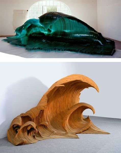 Glass and Wood wave sculptures by Mario Ceroli. Italian artist Mario Ceroli created these two giant wave sculptures back in 1992. “Maestrale” is made of sea green cross-sections of glass. “La Vague” was crafted from sections of fir wood. According to the New York Times, 74-year old Ceroli “is one of the least known but most influential artists of the Italian post-war scene.” Wave Sculpture, Wood Sculptures, Surf Decor, Wave Art, Sculpture Painting, Surf Art, Ocean Wave, Sculpture Installation, Glass Art Sculpture